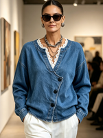 Chic Denim Wrap-front Top With Lace Trim