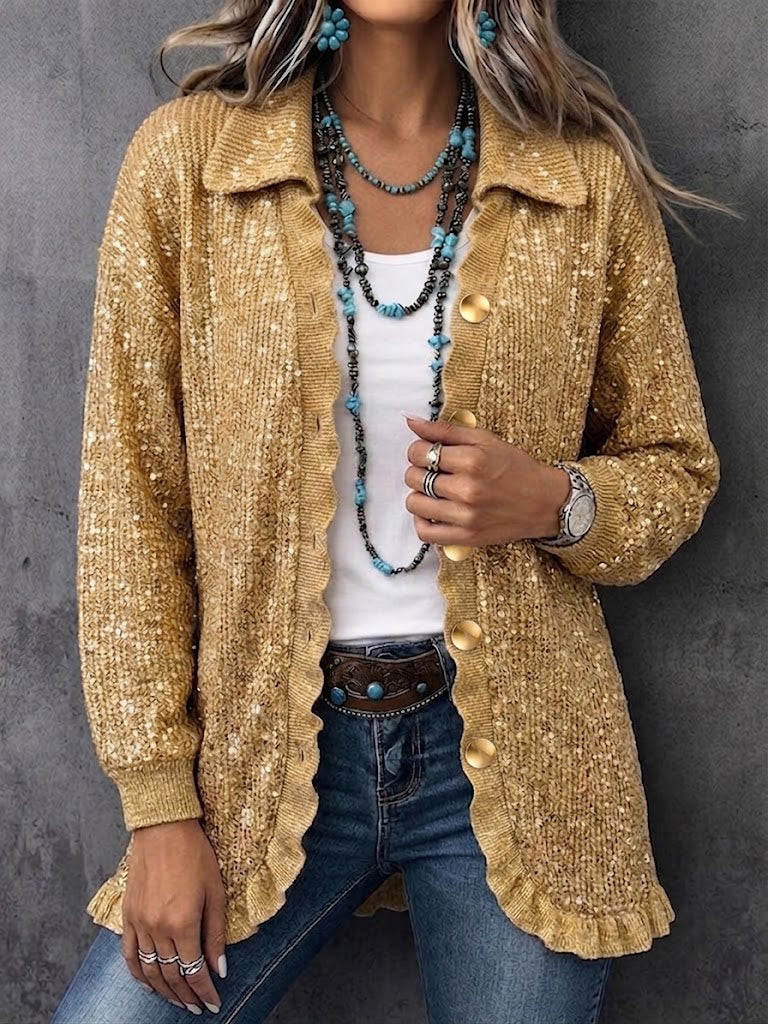 Loose-fit Knitted Cardigan With A Collar, Ruffles, And A Single-breasted Button Closure