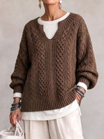 Vintage-style Cable-knit Sweater With A Small Notched V-neck