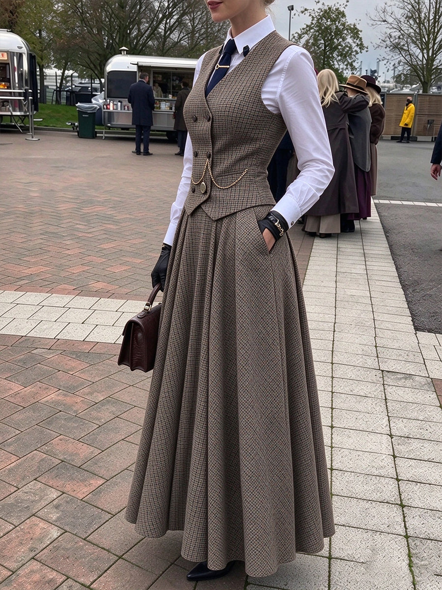 Vintage-style Wool-blend Plaid Vest And Long Skirt Two-piece Set