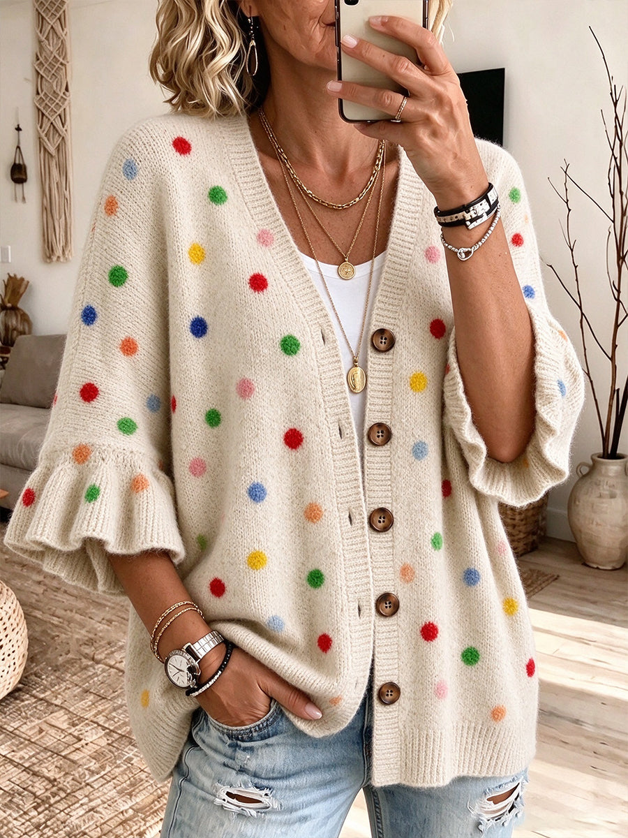 Chic Polka-Dot Ruffle-Sleeve Knit Cardigan