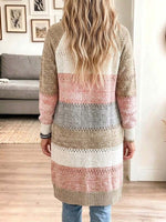 Women's Striped Color-blocked V-neck Long-sleeved Casual Loose Knitted Long Coat