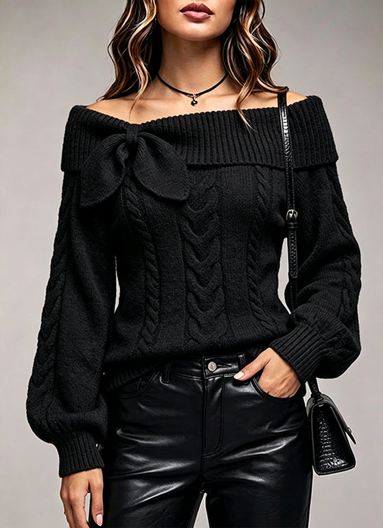 Chic And Sweet Off-shoulder Cable-knit Sweater With Bow Detail