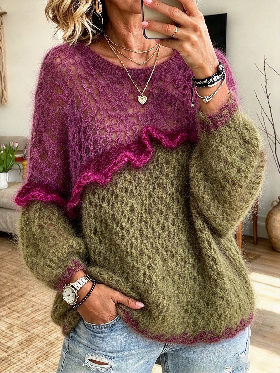 Chic Color-block Ruffled Mohair-blend Open-knit Sweater