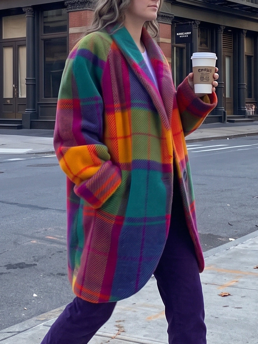Loose-fit Casual Colorful Plaid Coat