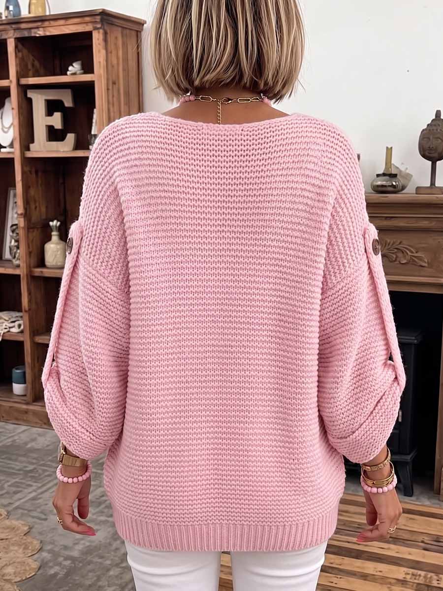 Women's Solid Color V-neck Long Sleeve Casual Loose Knitted Pullover