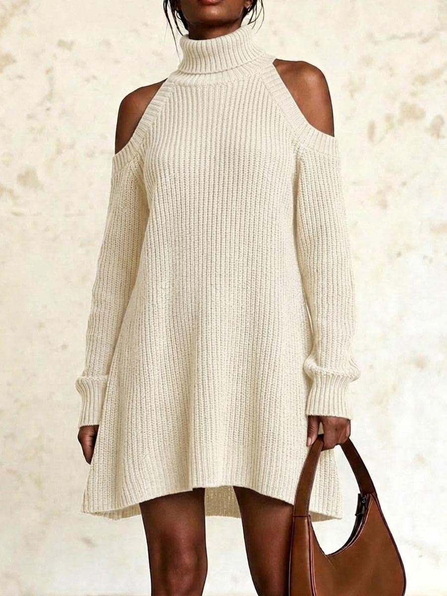Women's Solid Color Stand Collar Long Sleeve Casual Loose Knit Dress