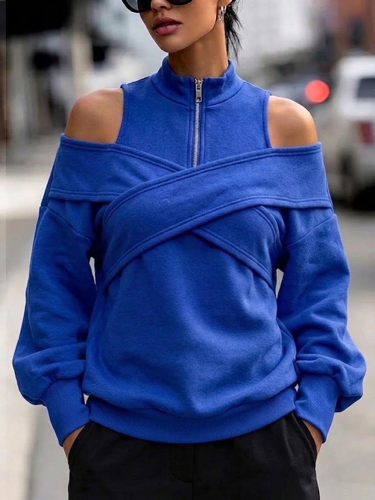 Crisscross-strap Off-shoulder Zip-up Sweatshirt