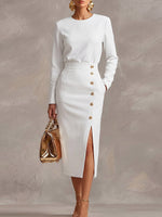 Women's Solid Color Round Neck Long Sleeve Casual Loose Slit Dress