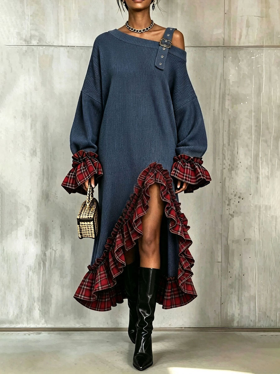 Chic Buckle Strap Plaid Ruffles Patchwork Knit Midi Dress