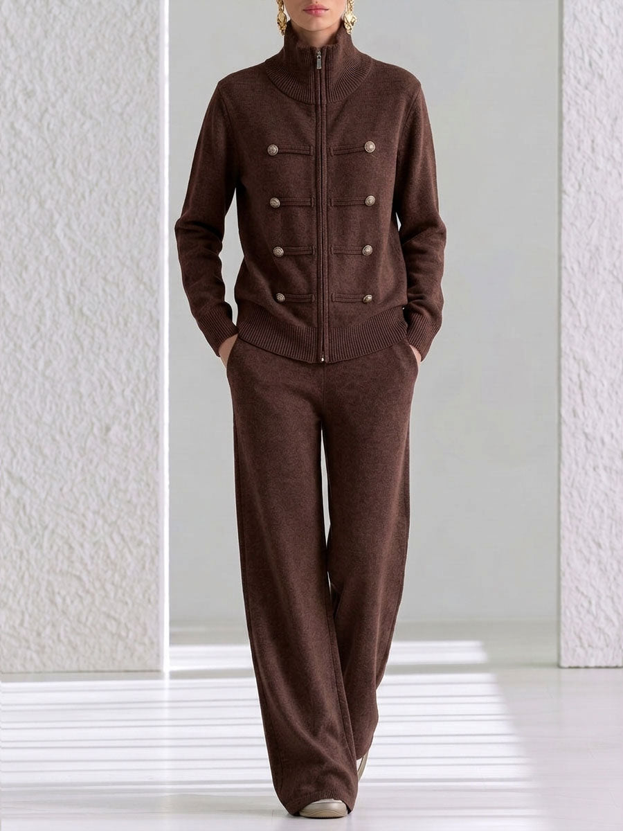 Women's Solid Color Stand Collar Long Sleeve Casual Loose Knit Top And High Waist Wide Leg Pants Knit Set
