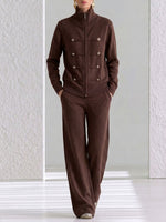 Women's Solid Color Stand Collar Long Sleeve Casual Loose Knit Top And High Waist Wide Leg Pants Knit Set